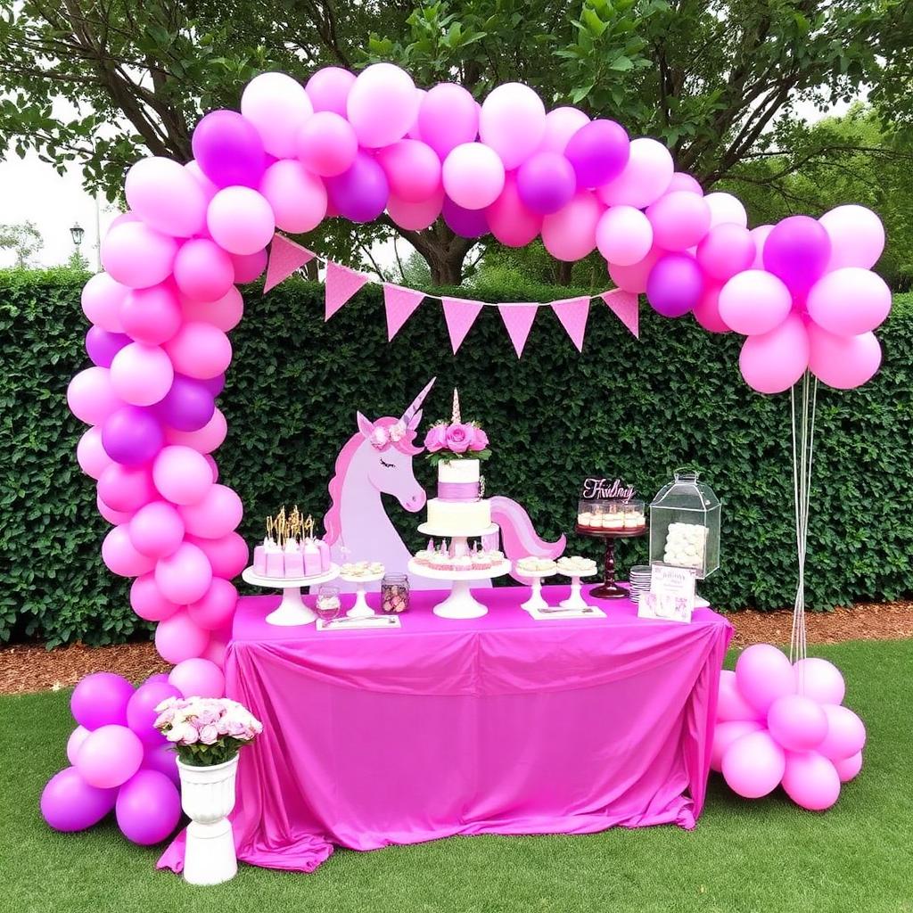 Fiesta temática unicornio con arco de globos rosa y morado