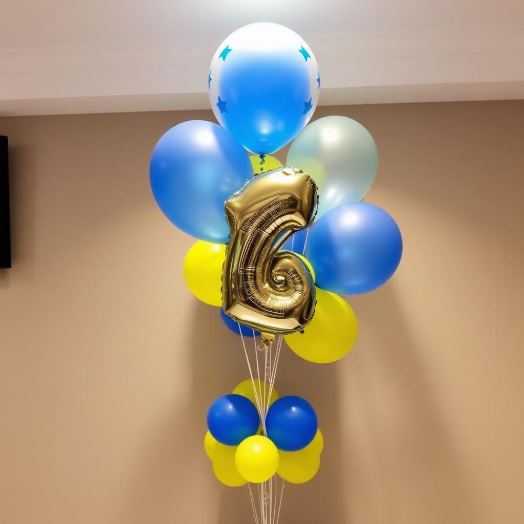 Bouquet de globos azul, amarillo y dorado