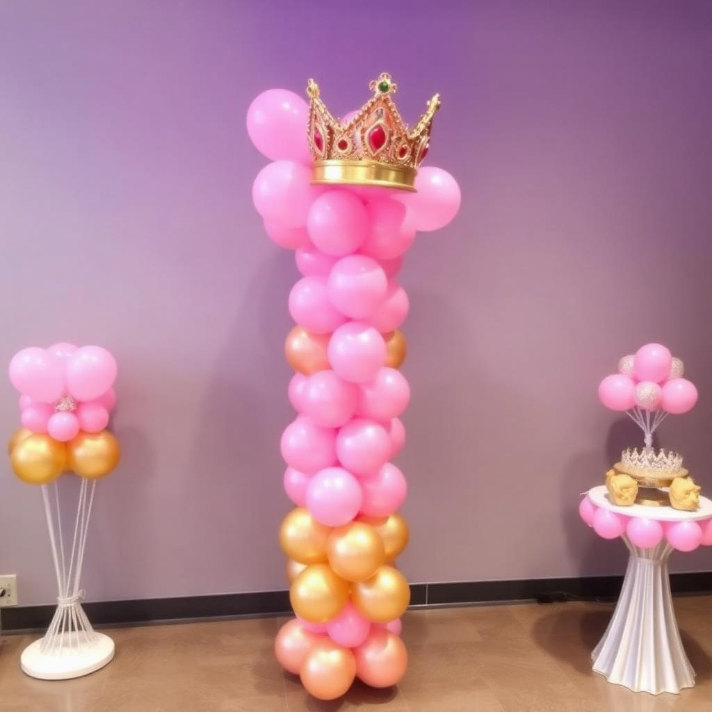 Columna de globos rosa con corona princesa